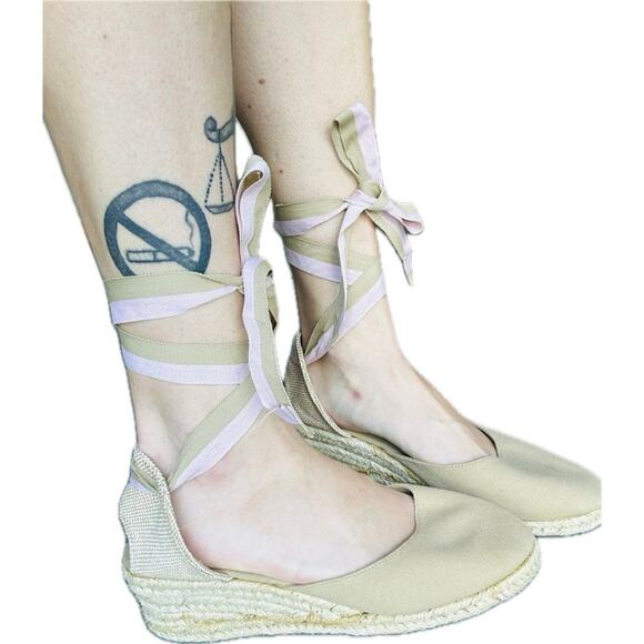 HIGH WEDGE Lace Up Women Espadrilles Pink Tan Montego Bay Club Size 10 Strappy - Picture 2 of 8